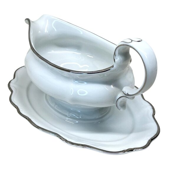 Johann Haviland Platinum Baroque White Gravy Boat with Attached Underplate - Picture 5 of 12